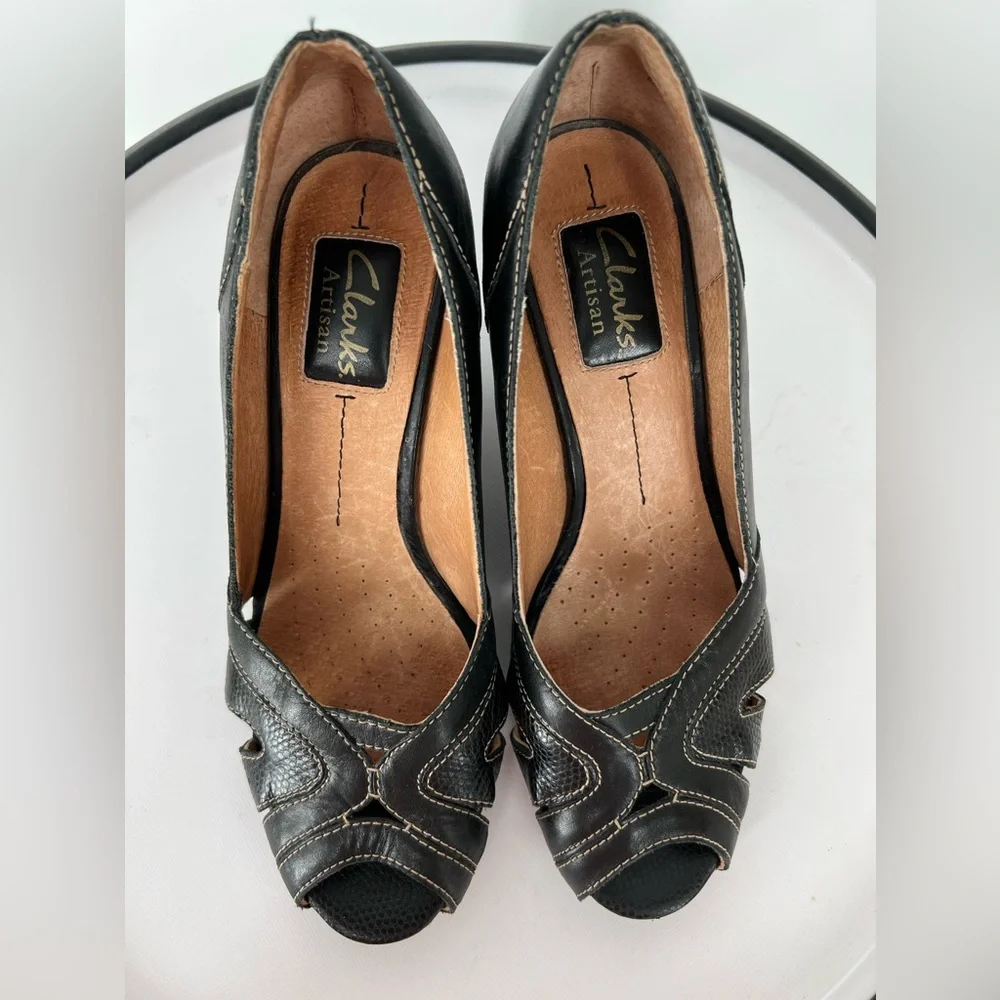 CLARKS ARTISAN BROWN‎ LEATHER OPEN TOE WEDGES CHOCOLATE BROWN PADDED INSOLES
